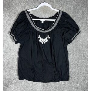 Relativity Top Womens Size PL Black White Embroidered Puff Sleeve Ruffle BOHO‎